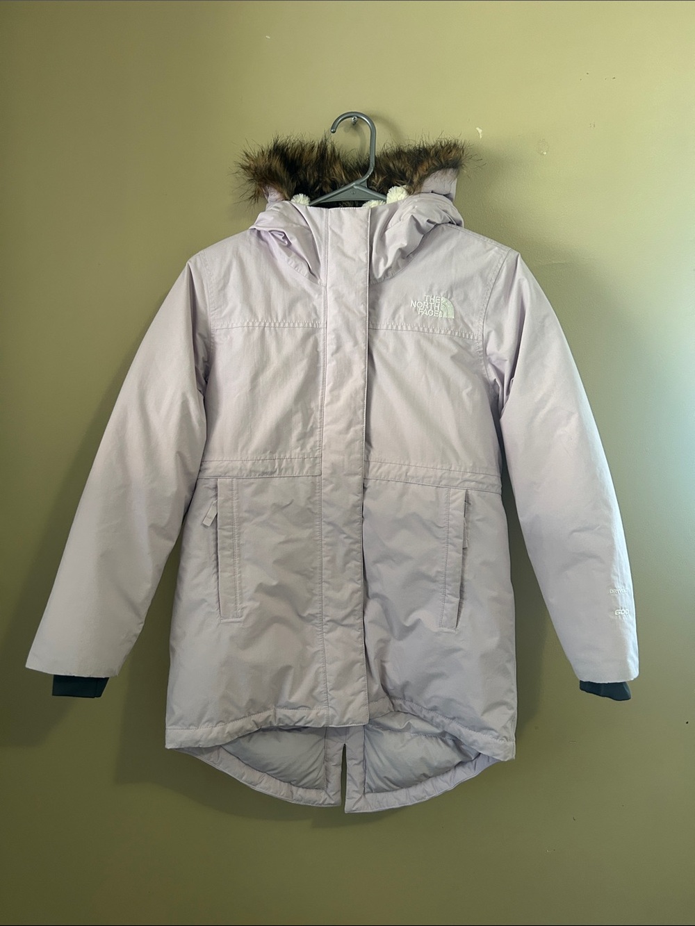 The North Face Girls' Lavender Hooded Puffer with Faux-Fur Trim